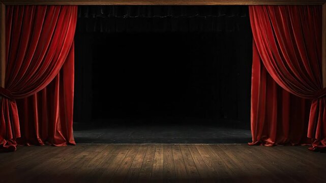 A stage with ornate red velvet curtains framing a dark void and wooden floor