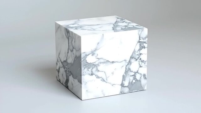 A square marble block featuring grey veining against a white background, in a studio setting