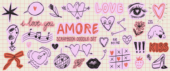 Funky hearts, valentine day love scrapbook sticker set. Crayon grunge scribble doodle collage elements. Vector scrapbook hand drawn collage illustrations for journaling, dairy, notebooks, social media © KPstudio