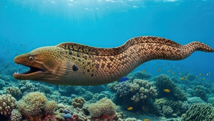 A large eel swimming in clear blue water with colorful fish and coral around it.