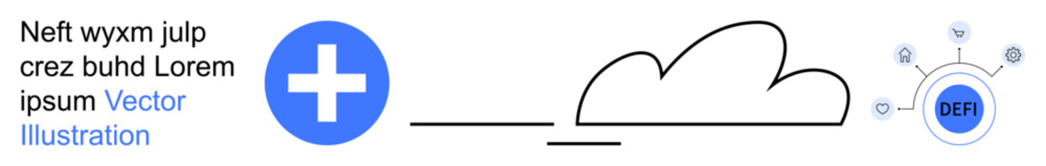 Obraz premium Healthcare, cloud computing, decentralized finance, technology, digital networks, symbols. Blue cross, cloud outline text and decentralized finance icon connected visually. Healthcare and cloud