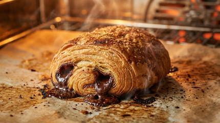 Freshly Baked Pain au Chocolat Steaming Hot in a Warm Oven, Golden Flaky Pastry with Oozing Melted Chocolate