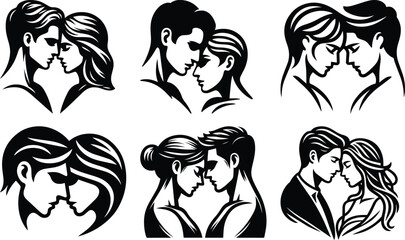 Valentine day forehead-to-forehead couple bundle silhouette icon vector art illustration