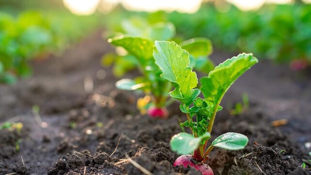 Close-up of young radishes sprouting from the dark soil. Focus on green leaves and their tiny roots