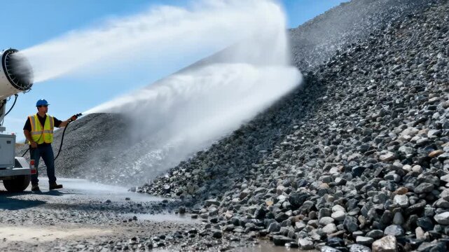 Medium shot of workers operating automated dust suppression equipment spraying fine mist over gravel stockpile emphasizing environmental safety and pollution prevention.