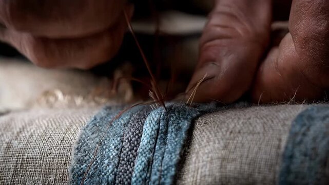 Closeup of skilled hands stitching a monogram onto soft linen fabric showcasing intricate embroidery details and personalized craftsmanship.