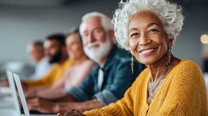 A diverse group of seniors happily learning and connecting using computers in a class setting.