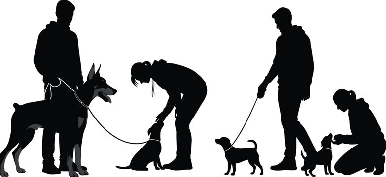 Set of diverse people silhouettes walking and playing with various dog breeds including doberman and puppies during outdoor activity for pet care and lifestyle