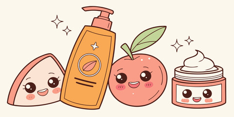 Kawaii Skincare Products and Fruit Characters Vector Illustration © Whab