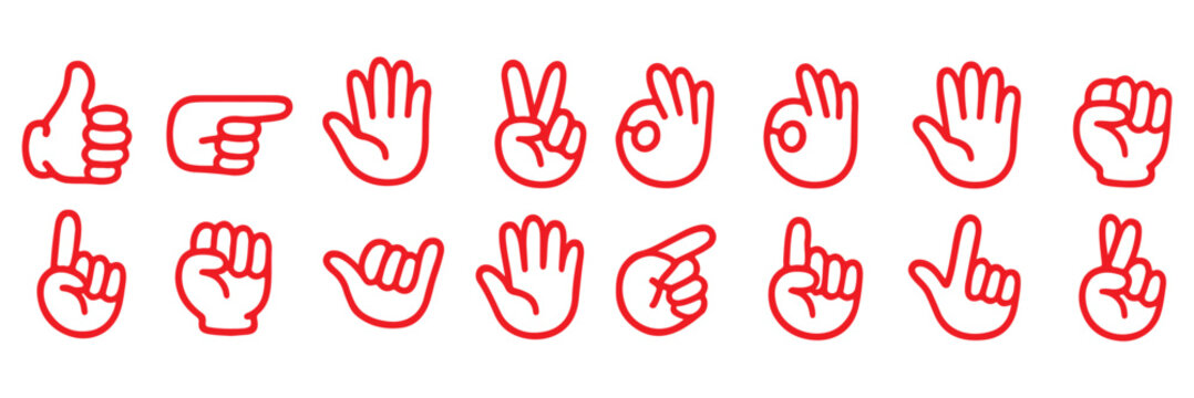  cartoon hands in white gloves showing various gestures like thumbs up, peace sign, pointing, fist, and open palms.