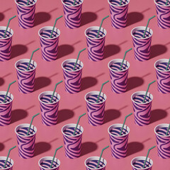 Colorful Pattern of Purple and White Striped Cups with Green Straws on Pink Background
