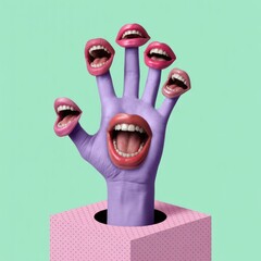 Surreal purple hand with multiple mouths and pink lips