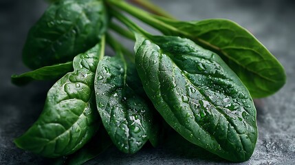 A fresh bunch of spinach leaves with rich, vibrant green hues, each leaf showcasing subtle imperfections, representing naturea??s beauty in its raw form.