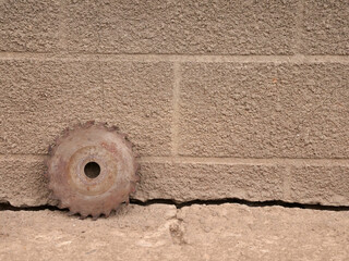 Rusty circular cutting blade lying near concrete wall, industrial worn equipment detail.