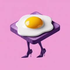 Whimsical illustration of a fried egg on purple toast with legs and high heels