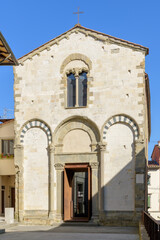 Romanesque facade of the Oratory of San Desiderio, Pistoia, Tuscany, Italy, dating back to the 13th-14th century.