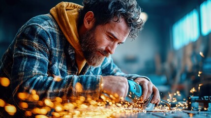 A skilled craftsman diligently uses a grinder, creating sparks while working with metal in a workshop.