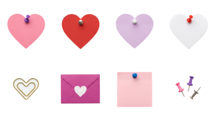 Stationery set including heart shaped notes, envelope, paper clip, and pushpins isolated. Valentine's day office supply collection.