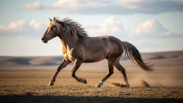 A brown horse galloping in a vast, open field with a cloudy sky in the background. - Powered by Adobe