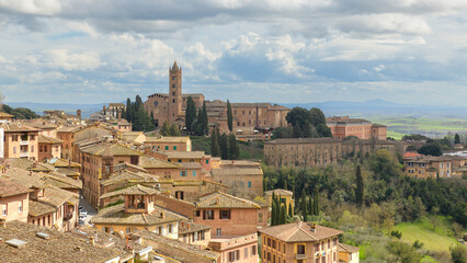 View of Siena with Chiesa San Clemente and Santa Maria dei Servi Church, Tuscany, Italy.