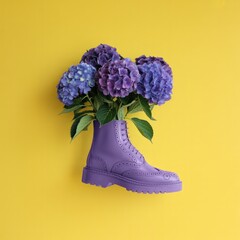 Purple boot with hydrangea flowers on yellow background