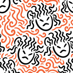 Fototapeta premium Curly hair doodle seamless pattern. Hand drawn orange doodle pattern.