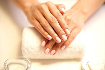 Womans hands with manicured nails on a white towel with glass bowl
