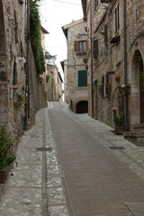 Charming narrow alleyway in the historic center of Spello, Umbria, Italy, lined with stone buildings, potted plants, and flowering balconies.