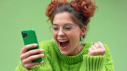 Joyful woman reacts to good news on her phone, celebrating a win with a big smile and happiness.
