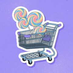 Shopping cart with colorful lollipops, sweet treats and retail therapy concept