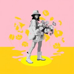 Woman holding flowers in colorful abstract background