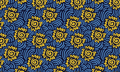 Fototapeta premium Sun flower spiral doodle. Hand drawn doodle pattern in landscape.
