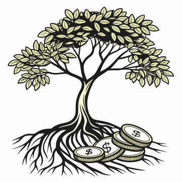 Tree with roots and coins dollar sign money