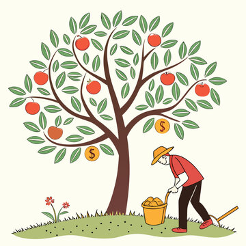Man picking apples from tree with dollar coins bucket