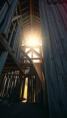 Weathered barn timbers, sun-drenched dust motes dance in vintage light, low angle, grand scale,  artisanal,  dust