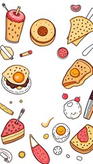 Whimsical doodles of breakfast foods, perfect for cafes and morning menus,  playful design,  inviting visuals