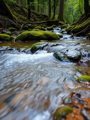 Water flows over moss-covered rocks in a pristine forest stream, illustrating a healthy aquatic ecosystem,  clean,  nature