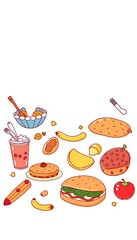 Whimsical food doodles in a sketchbook style, cute and playful illustrations of meals,  graphic design,  whimsical