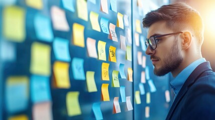 A thoughtful businessman analyzing sticky notes on a glass wall in a modern office setting.