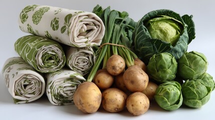 A clean composition of fresh organic vegetables including potatoes, brussels sprouts, and cabbage arranged next to rolled eco-friendly kitchen fabrics with green patterns