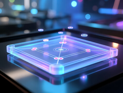 A digital illustration of a futuristic transparent blue and pink colour carrom board with holographic pieces