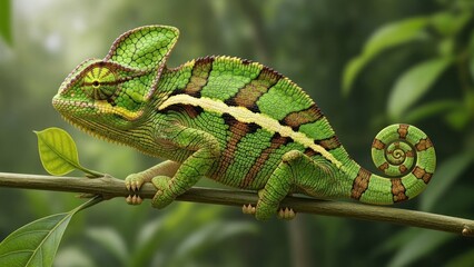 A vibrant green chameleon with a striped pattern perched on a branch with leaves in the background.