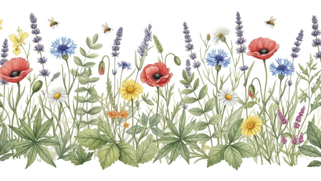 Watercolor floral seamless pattern with colorful wildflowers, leaves, plants and flying ies. Panoramic horizontal isolated illustration. Garden background in vintage style.