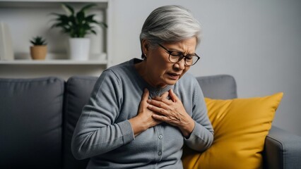 Fototapeta premium Elderly Woman Experiencing Chest Pain at Home.