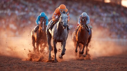 Racehorses compete in a thrilling horse race, kicking up dirt on the track.
