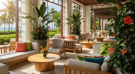 Fototapeta premium Luxurious tropical resort lobby features modern wooden seating arrangements beside large windows overlooking the ocean