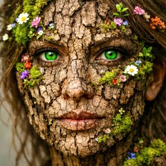 A woman's face is made of tree bark and flowers