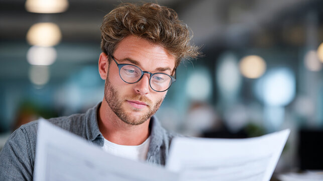 Concentrated expression of an accountant reviewing financial report blurred office background