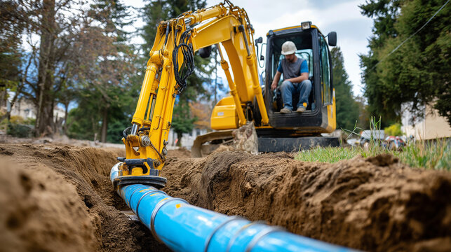 Heavy machinery operator positioning underground utility conduit in excavated trench, pipeline infrastructure, civil engineering, municipal construction, earthmoving equipment, ind