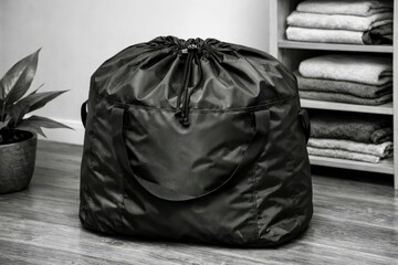 A black bag with a black strap sits on a wooden floor